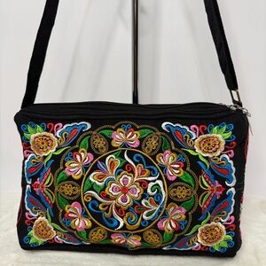 Women's Floral Embroidery Canvas Outer & Nylon Inner Crossbody Purse,